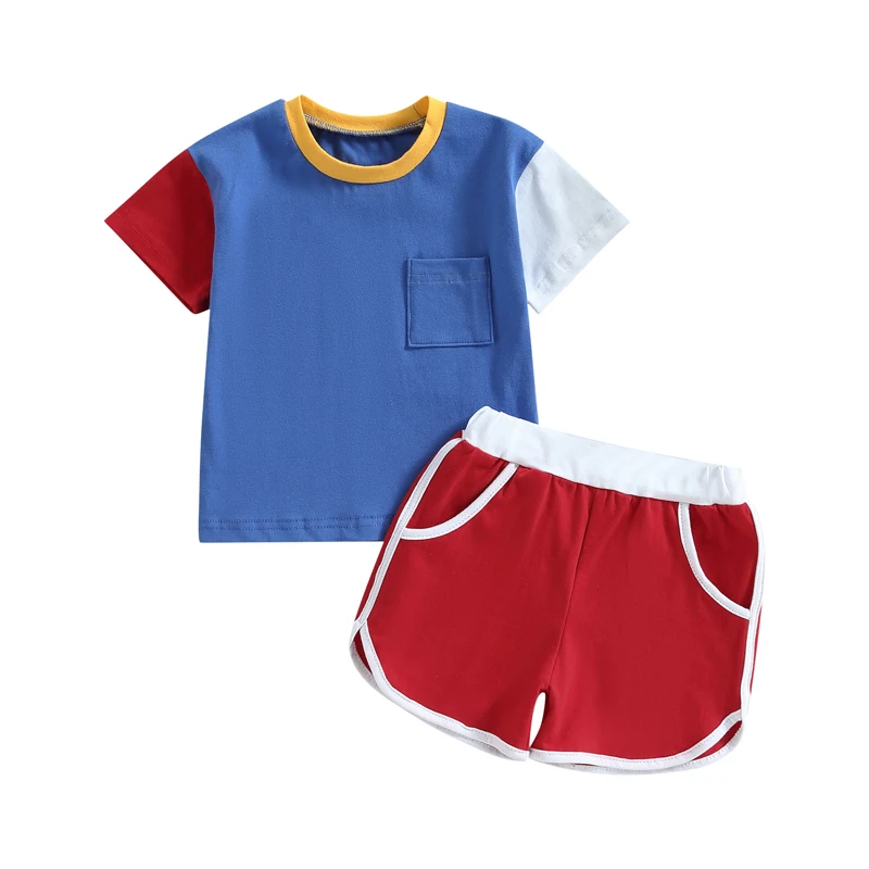 Baby Boys Outfits Summer Contrast Color Short Sleeve T-shirt with Breast Pocket and Elastic Shorts Set
