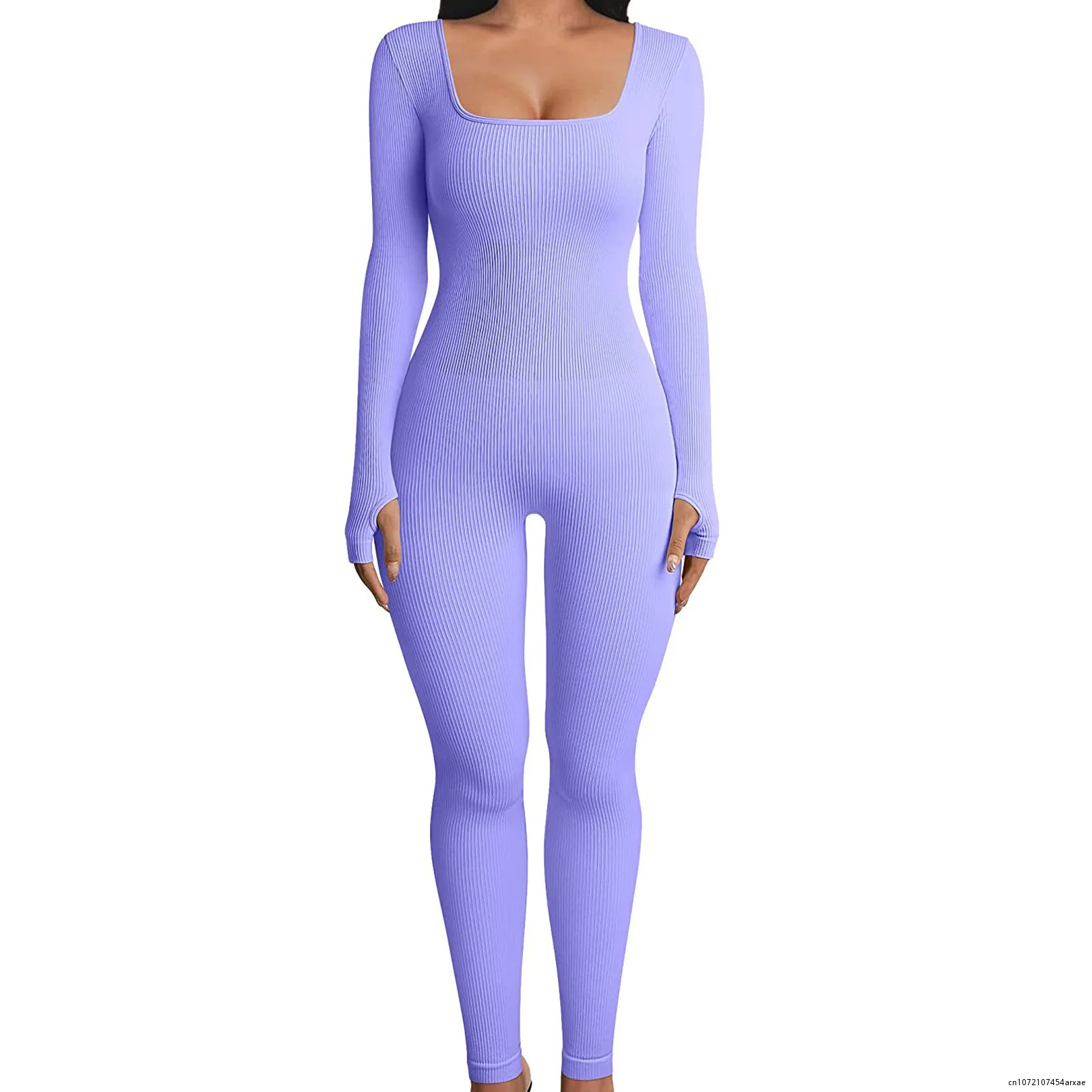 

Womens Ribbed One Piece Jumpsuits Thumbhole Long Sleeve Square Neck Full Length Workout Rompers Bodycon Solid Playsuit