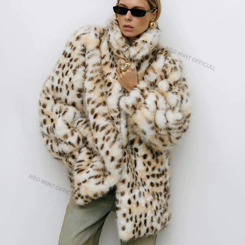 Exclusive Long Brown Leopard Fox Fur Coat Women Winter New Luxury Hot Brand Fashion Girls Faux Fur Jacket Overcoat