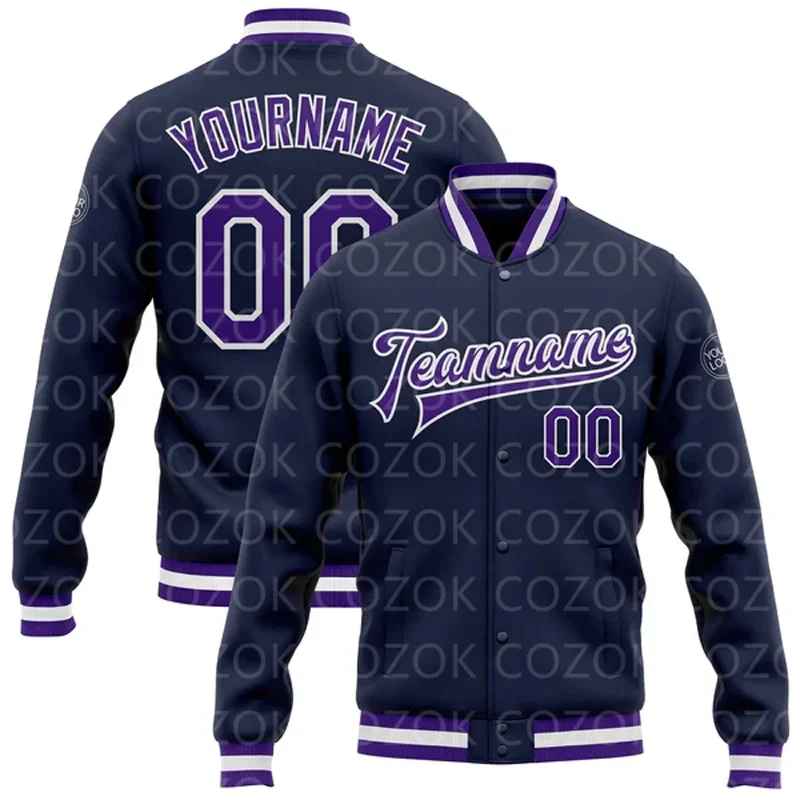 Custom Dark blue 3D Printed Baseball Button Jacket Bomber Full-Snap Varsity Letterman Jacket