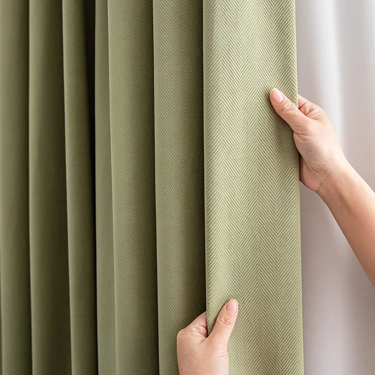 

Herringbone Matcha Green Living Room Bedroom Blackout Velvet Nordic Retro Style Curtains