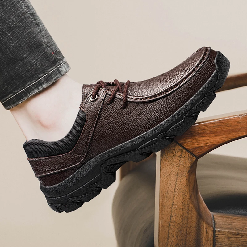 

Мужские кожаные кроссовки, повседневная обувь на шнуровке, дышащие, для улицы, прогулок, треккинга, размеры 38-47, повседневная обувь для вождения