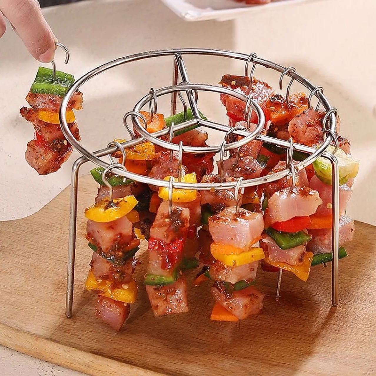 Vertical Stainless Steel Air Fryer Grill Rack Round BBQ Grill for Home Oven Kitchen Skewers Foldable Design 1pcs