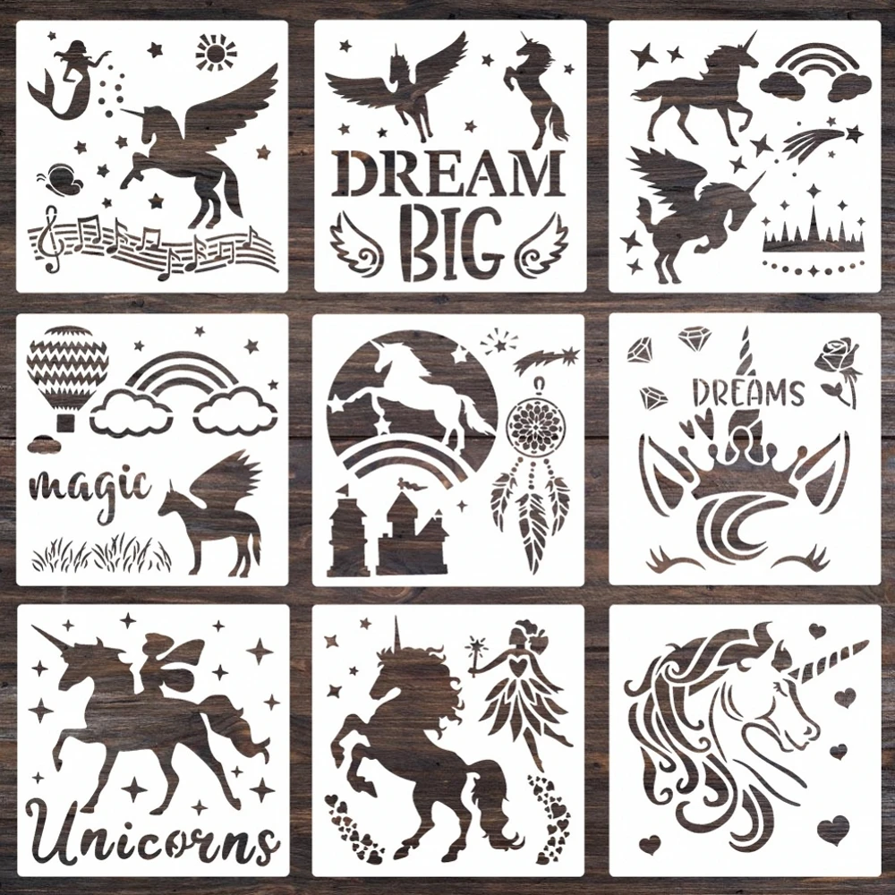 

9Pcs/Lot 20cm Unicorn Dream Web Magic DIY Layering Stencils Wall Painting Scrapbook Coloring Embossing Album Decor Template