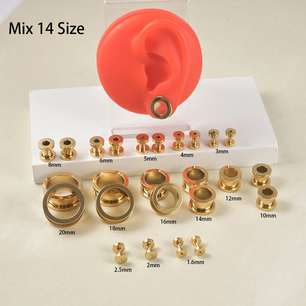 

Set Stainless Steel Gold Color Ear Plugs Earlets Ear Expanders Screw Back Gauges Body Piercing Jewelry Mix Size1.6mm-20mm