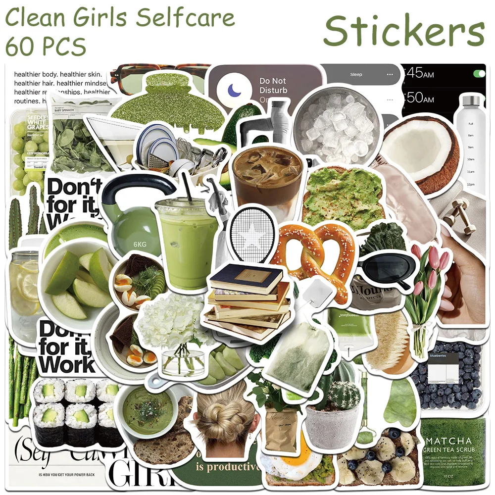 60pcs 클린 걸스 셀프케어 그래피티 스티커 데칼 (휴대폰, 노트북, 여행가방용) DIY 미적 감각 방수 스티커 창의적인 선물