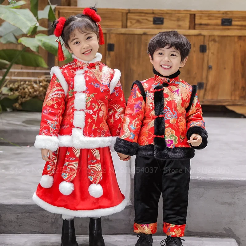 

Traditional Chinese New Year Clothes for Kids Boys Embroidery Dragon Tops Pants Jackets Outfit Girls Red Hanfu Dress Tang Suit