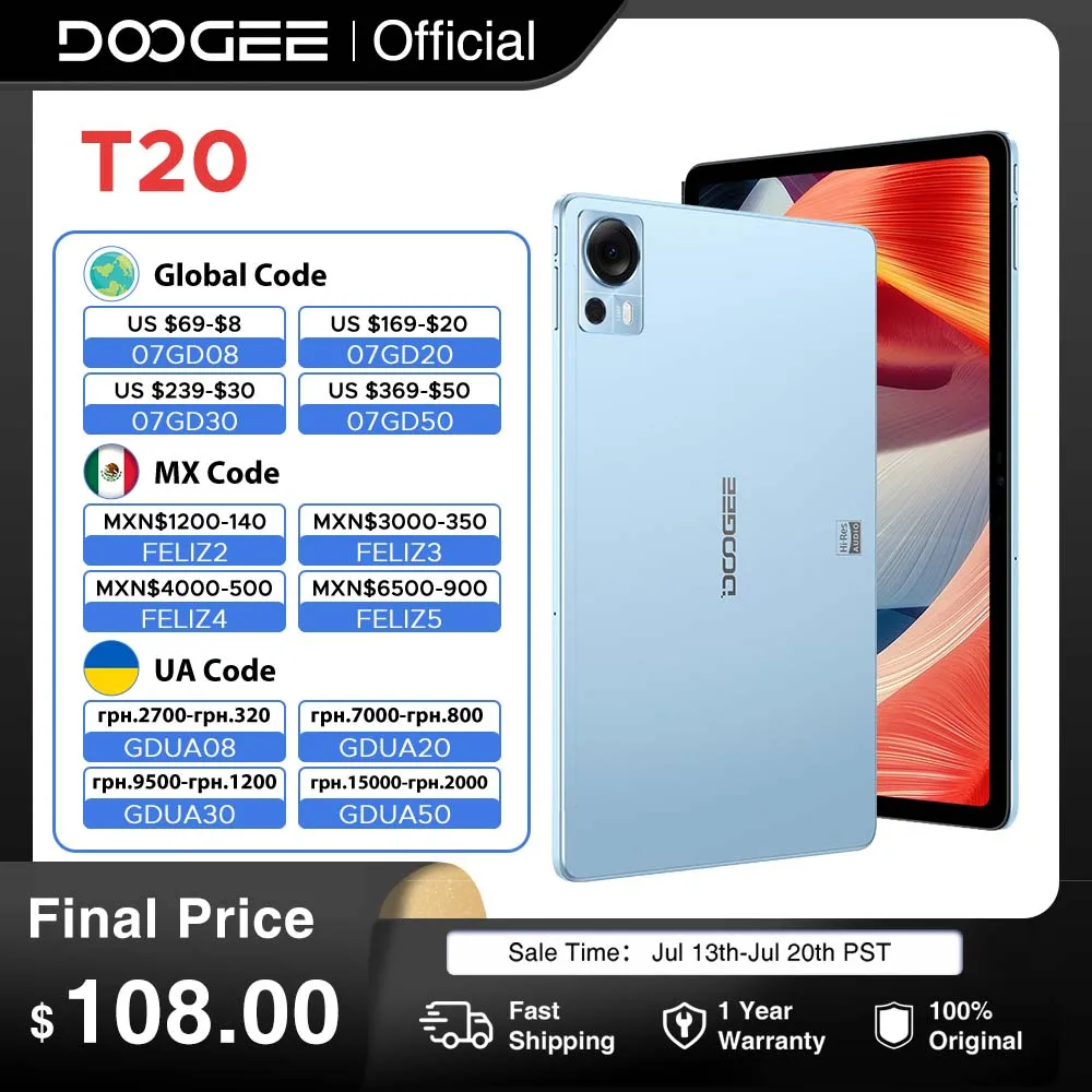 

DOOGEE T20 Tablet 8GB+256GB 10.4" 2K TÜV Display Octa Core 12nm Widevine L1 Pad Four Hi-Res Box Tuned Speakers 8300mAh