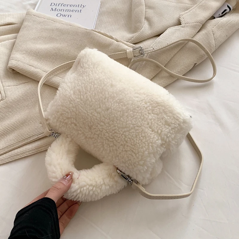Lammwolle-Handtasche für Damen, 2022, Winter, weiche, flauschige Handtasche, kleine Plüsch-Umhängetasche, Reißverschluss-Geldbörse, luxuriöse Clutch-Tasche aus Kunstfell – Detail 28