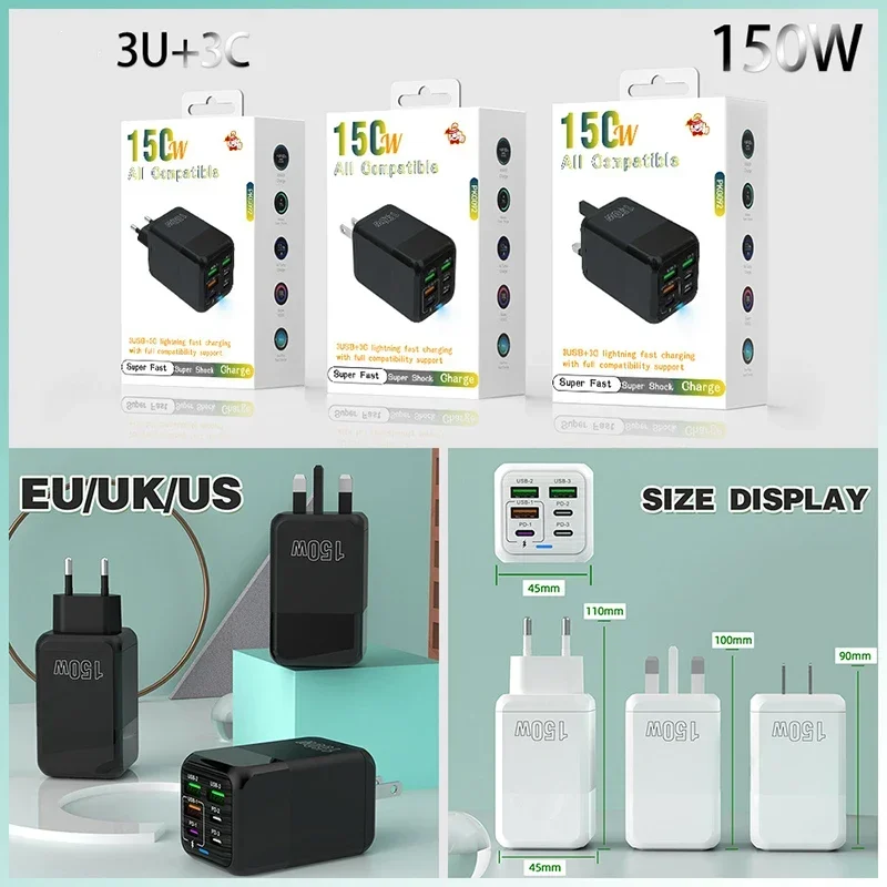 USB Charger Adapter 150W Super Quick 10A Ultra High Speed Fast Charging 6 Ports PD Type C QC 3.0 For iPhone Samsung