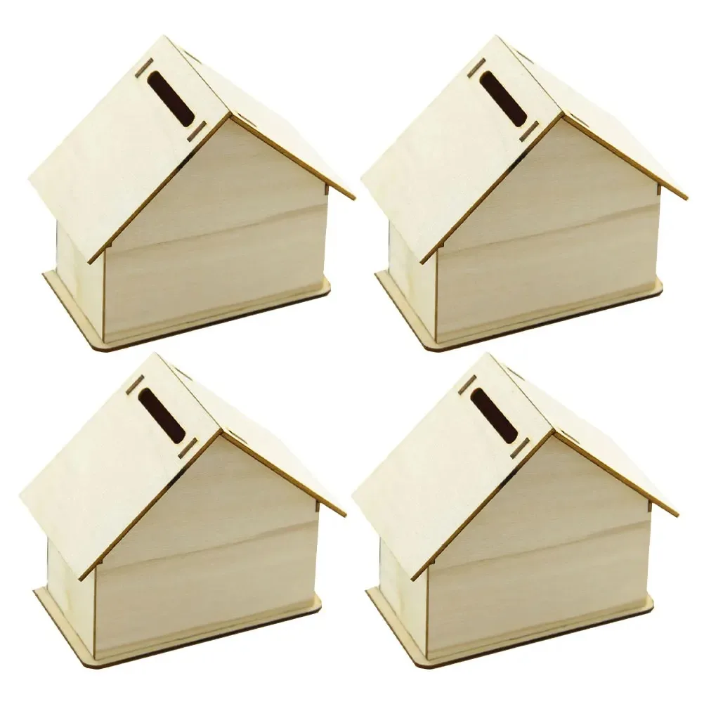 4pcs Wooden House Storage DIY Painting Blank Holder Money Candy Container Desktop Home Box Wood Color_voghion.com