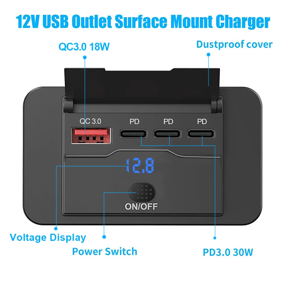 Toma de corriente USB para RV, panel de cargador de coche con puertos USB A duales de 18W y puertos PD3.0 duales de 30W,