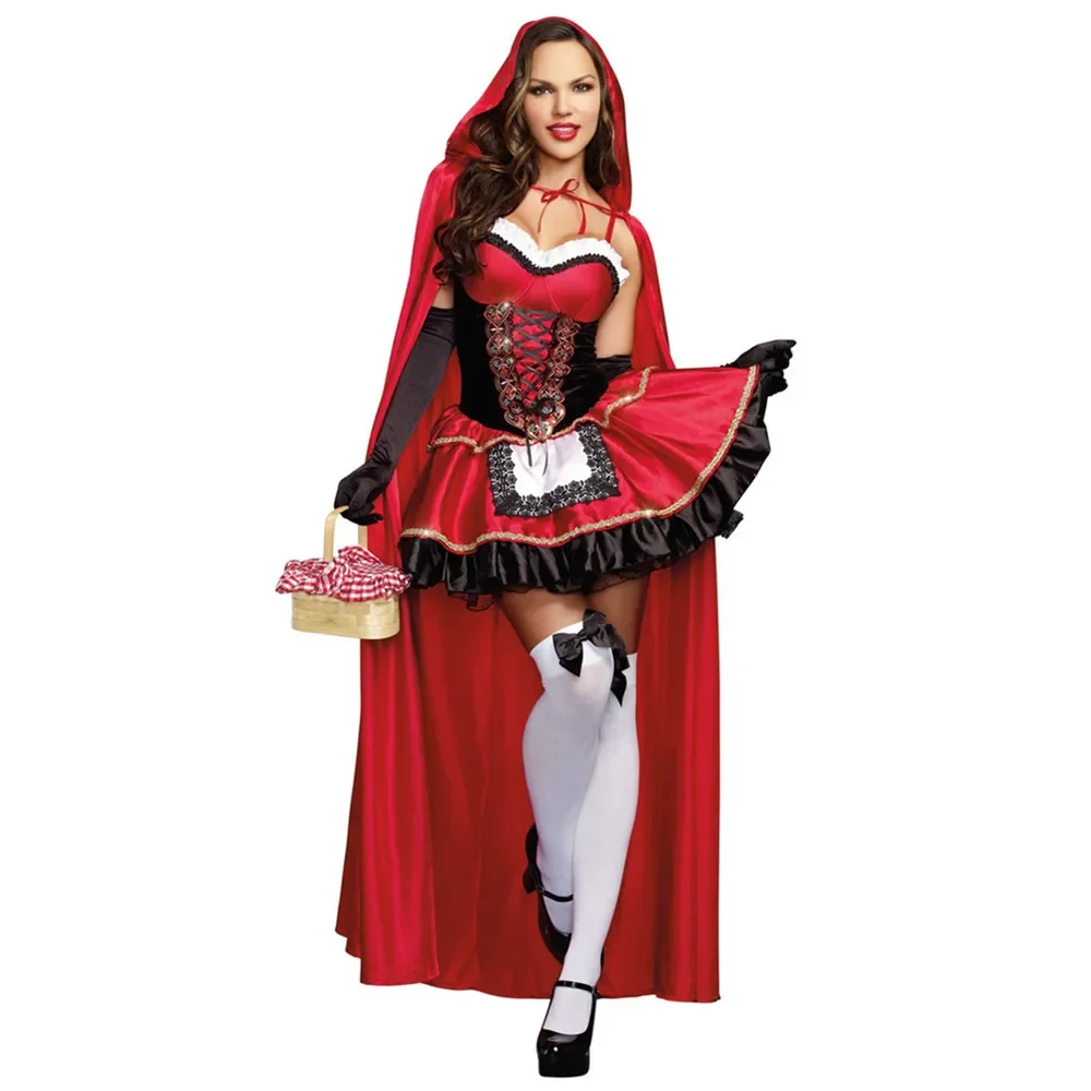 Little Red Riding Hood Cosplay Costume Women Nightclub Fairy Queen Cape Halloween Carnival Fantasia Party Fancy Dress Up