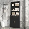 Bathroom Storage Cabinet, Cabinet With Two Doors And Drawers, Adjustable Shelf, Three-layer Open Shelf, MDF Board, Black 1