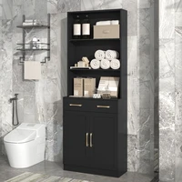 Bathroom Storage Cabinet, Cabinet With Two Doors And Drawers, Adjustable Shelf, Three-layer Open Shelf, MDF Board, Black 1