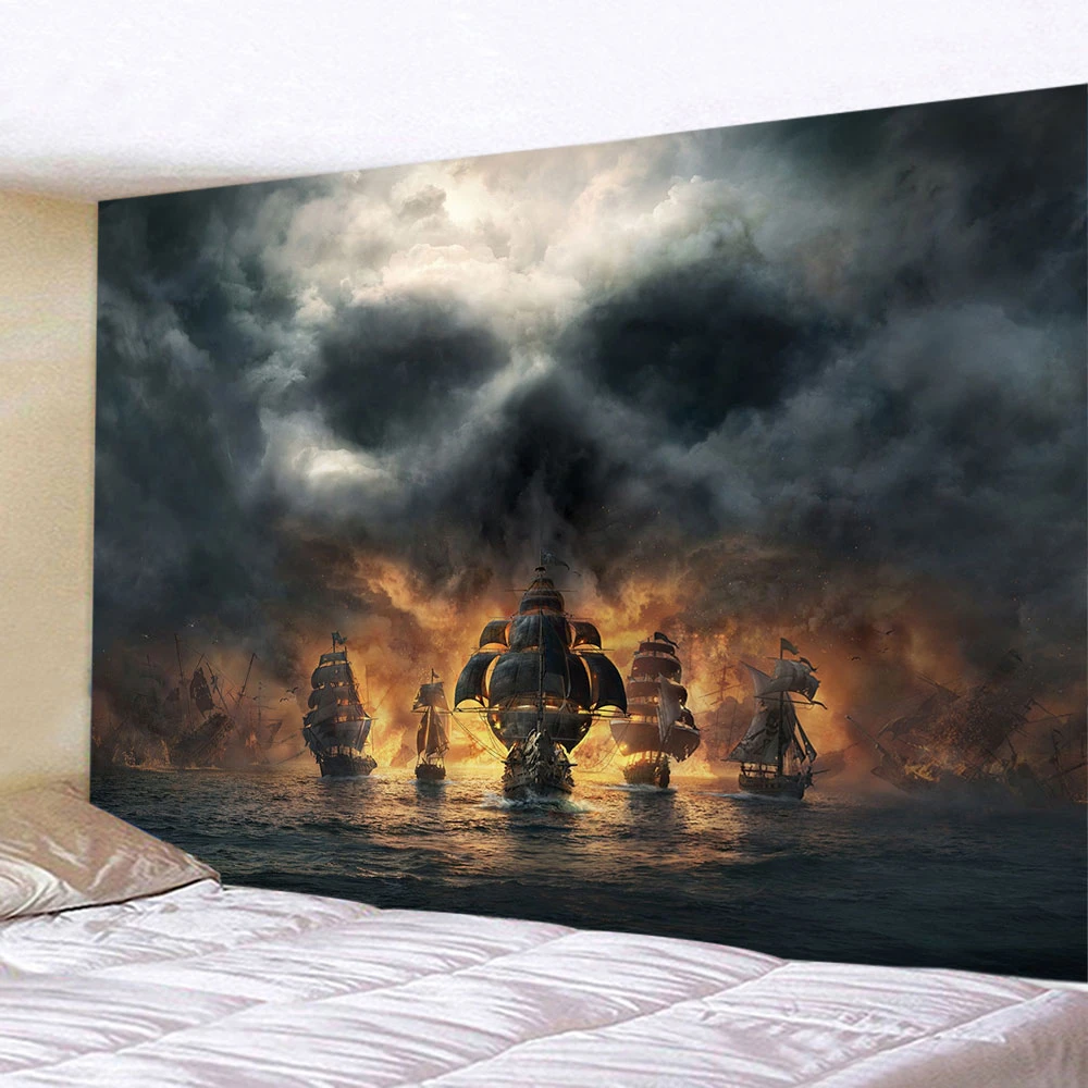 Le Beau Tissu De La Tapisserie Tapisserie de crâne de Rune de bateau de Pirate rétro, beau tissu mural de  lune de nuit de mer, décoration esthétique psychédélique de salon |  AliExpress