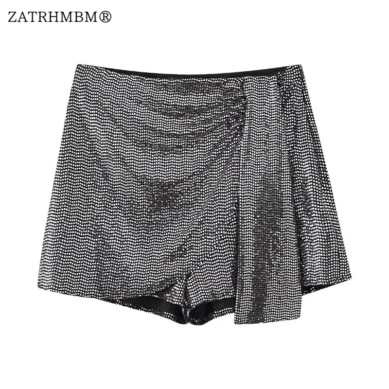 

ZATRHMBM 2023 Women Fashion Rivet Decoration High Waist Mini Culottes Vintage Side Zipper Streetwear Female Short Pants Mujer