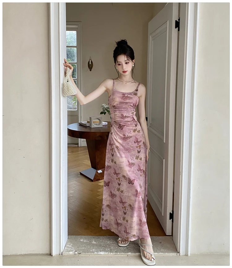 Sexy Printed Long Dresses for Women Mesh Spaghetti Strap Slim A-line Party Dress Summer Korean Fashion One Piece Vestido Mujer