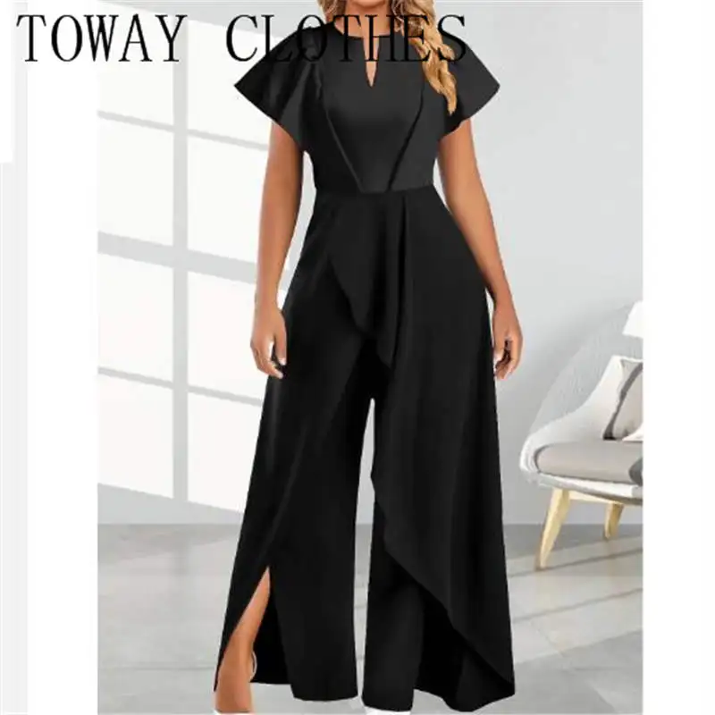 

Sets Outifits 2024 New Solid V-neck Ruffle Sleeve Patchwork Design Office Lady Jumpsuit Combinaison Pour Femme