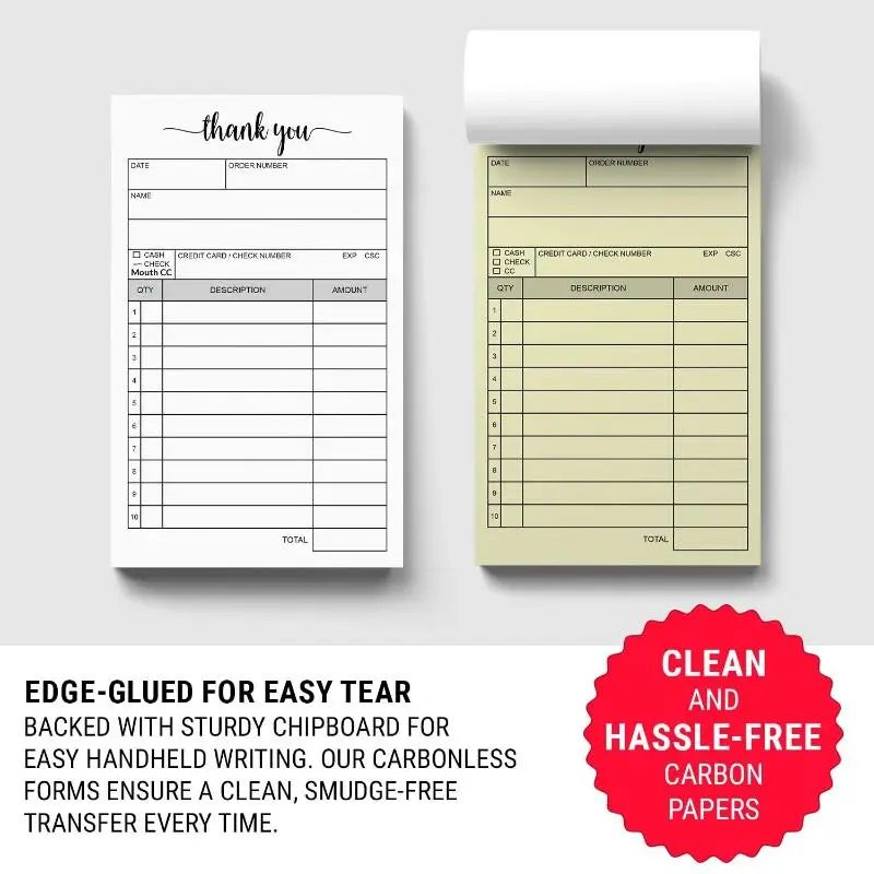 Bloc de reçus autocopiants en 2 exemplaires pour petites entreprises, 1/2/3 pièces, pour formulaires de commande SMB, factures et bons de commande de vente