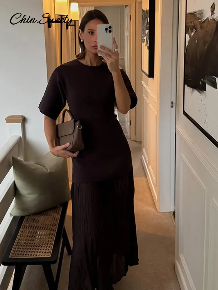 Elegant Patchwork Long Dress Women Brown O-neck Half Sleeve Slim Pleat Dresses Female 2025 Spring Summer Lady High Street Robes 3