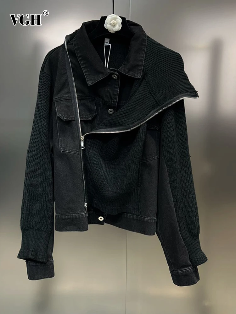 

VGH Solid Patchwork Knitted Casual Denim Coat For Women Lapel Long Sleeve Spliced Zipper Minimalist Coats Female Fashion Clothes