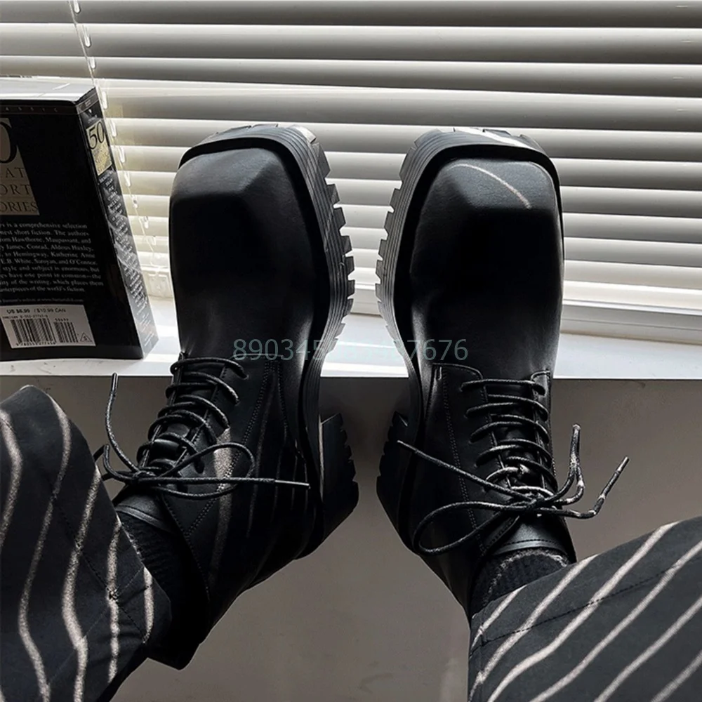 

Punk Black Ankle Boots Square Toe Lace-up Platform Thick Height Increasing Chunky Street Shoes For Men 2024 winter New