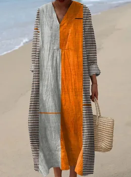 2025 Autumn Women New Long Sleeve Loose Bohemian Print Camping Vacation Style Long Dress Women's Casual V-neck Temperament Dress 1