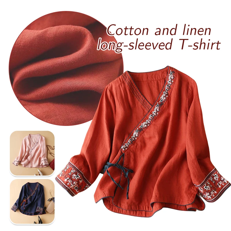 Chinese Style Women Summer Blouse Literary Retro Cardigan Ethnic Cotton Linen Embroidered V-Neck Shirt Oriental Hanfu Tops