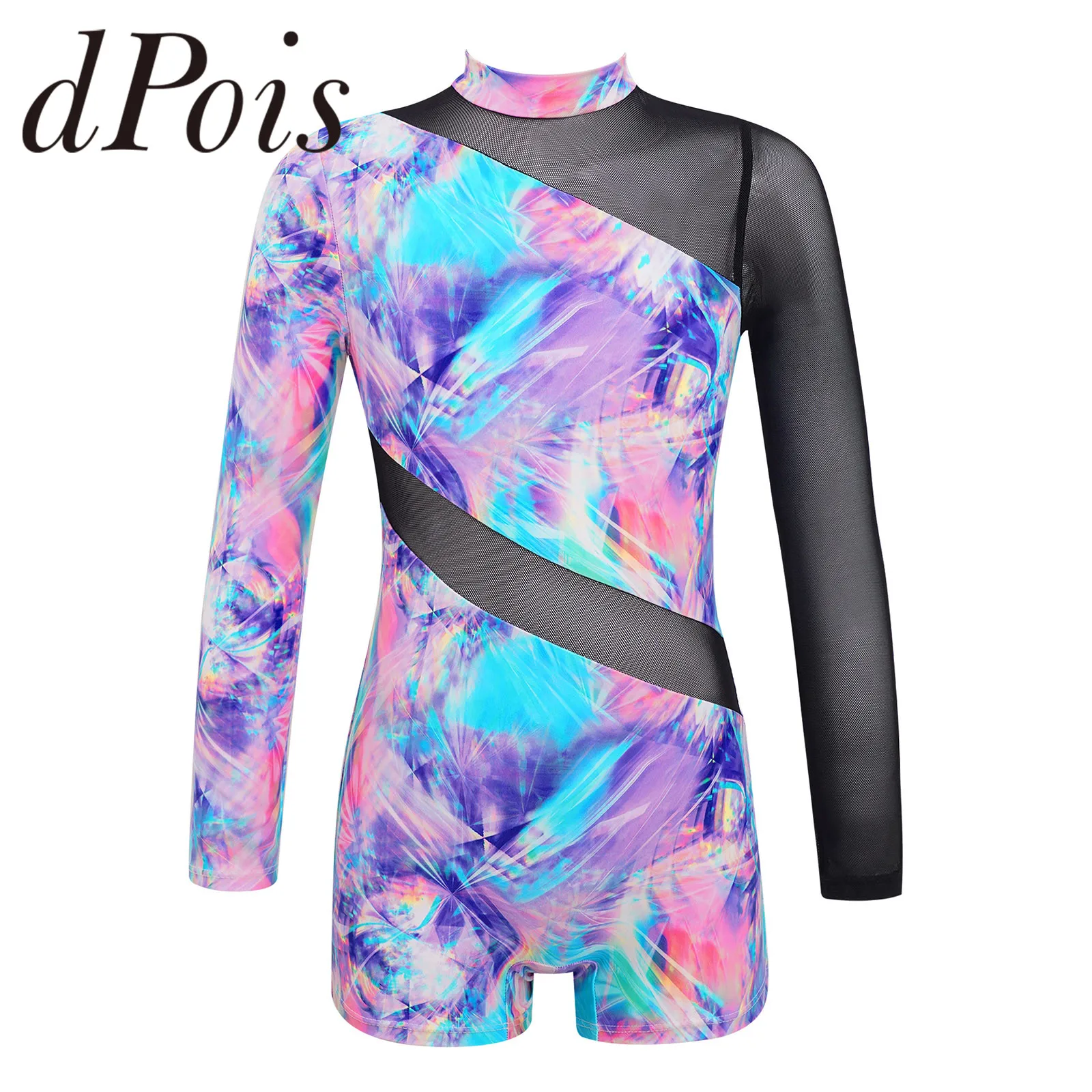Children Gymnastics Leotard for Girls Teens Dance Ballet Unitard Long Sleeves Mesh Athletic Leotard Kids Dance Jumpsuit Bodysuit