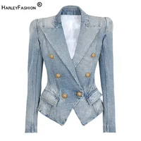 Top Quality Women Washed Denim Jeans Outwear Jackets Double Breasted Slim Short Female Casual Blazer 1