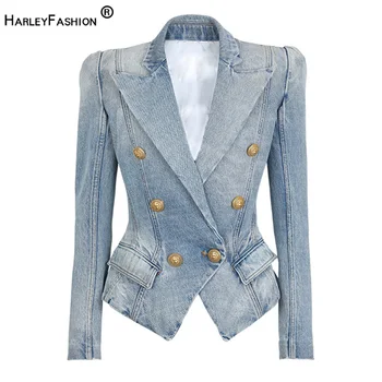Top Quality Women Washed Denim Jeans Outwear Jackets Double Breasted Slim Short Female Casual Blazer 1