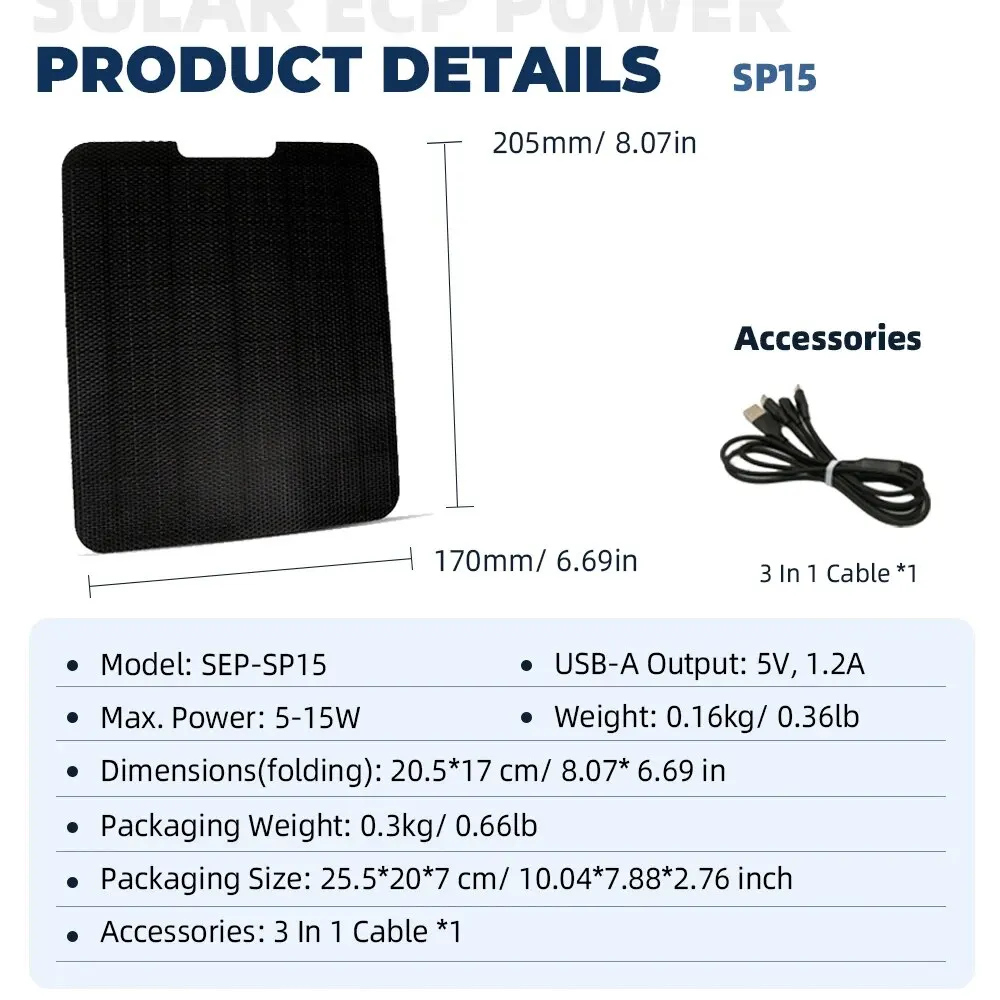 Security Camera Solar Panel 15W Outdoor 5V USB Charge IP67 Waterproof Monocrystalline