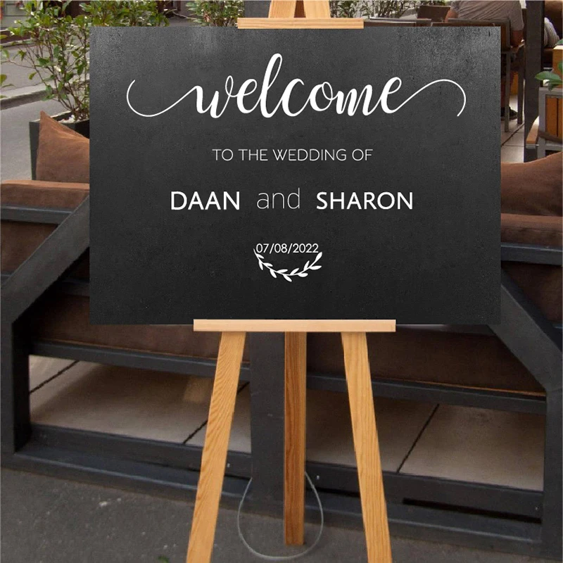 Wedding Welcome Sign Decal Rustic Wood Wedding Decor Bride and Groom Names Date Vinyl Sticker