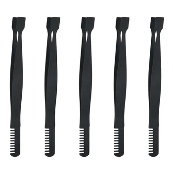 Set di 5 Pinzette per Ciglia in Acciaio Inox Spesso con Pettine, Multifunzionali per Extension Ciglia, con Punta Piatta