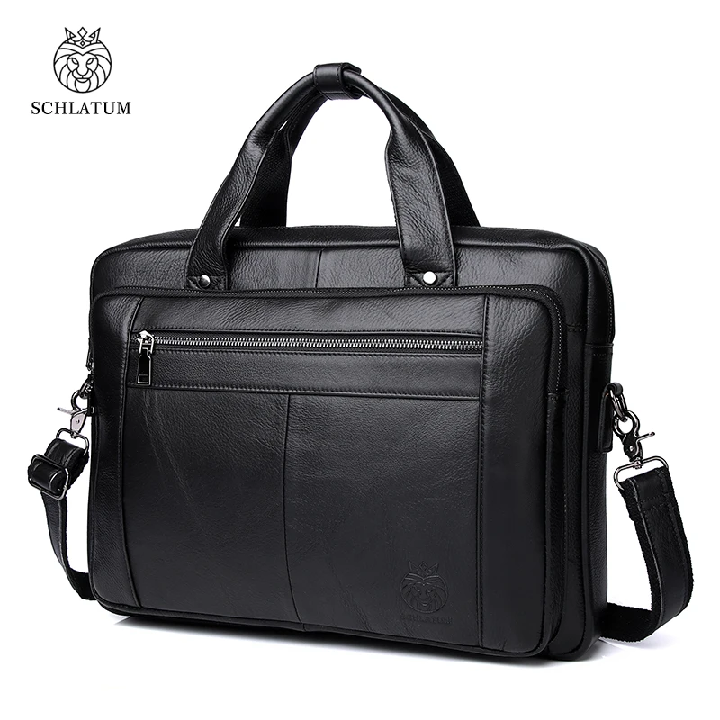 SCHLATUM Genuine Leather 16inch Briefcase Laptop Handbag Cow Leather Messenger Bag Office Computer Bag Male Black Business Bags