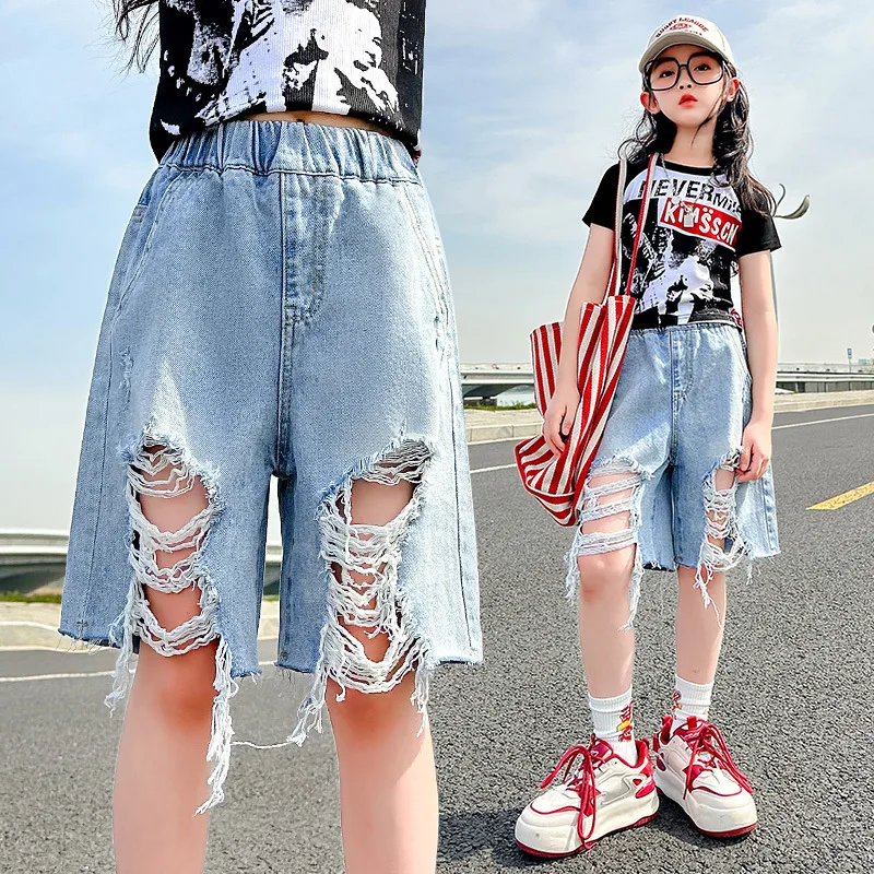 

Teenager Girls Denim Shorts 4 To 14 Years Summer Short Ripped Broken Jeans Solid Cotton New Fashion Kids Washed Hole Street Wear