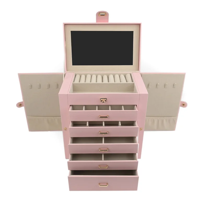 New Large Capacity 6 Layers Jewelry Box with Mirror Leather Earrings Rings Necklaces Jewelry Storage Box Organzers 5 Drawer Gift