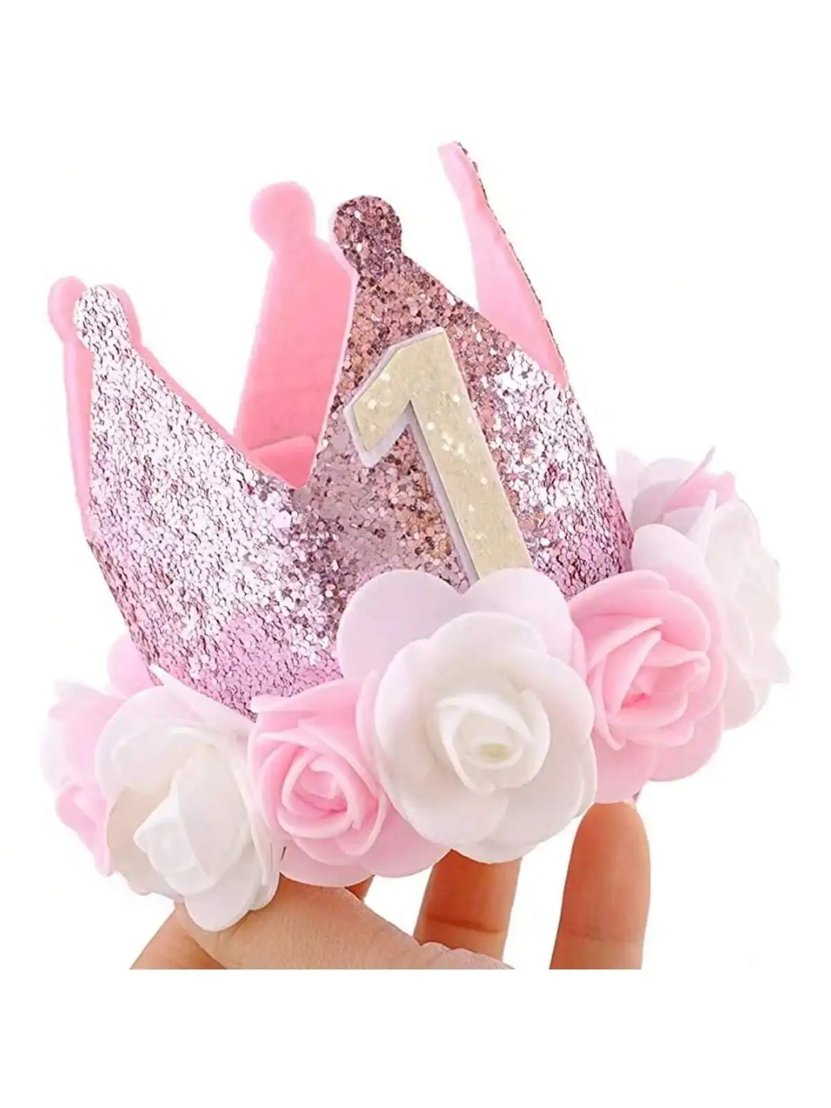 Baby Crown Hat Pink White Rose 1 Year Old Happy Princess Birthday Decor Kid Girl 1st Hat Birthday Photo Props