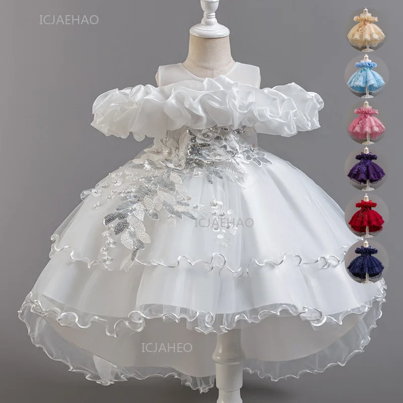 Girls Flower Girl Dress with Train Tulle Princess Gown Christmas Birthday Party Pageant Formal Dresses Kids Children Clothing - 2