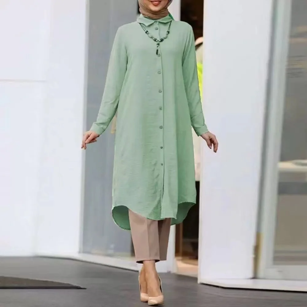 Muslin Tops Dress Abaya for Women Long Sleeves Arab Islam Women's Lapel Casual Button Shirt Sleeve Women's Dress Robe Fashion