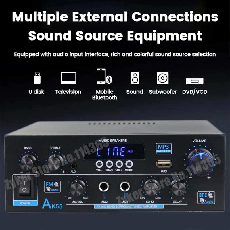 Фото Усилитель звука AK55 HiFi Max, 900 Вт, цифровой Bluetooth-усилитель звука, канал 2,0, поддержка двойного микрофона, волоконно-коаксиальные входы, FM-радио №2