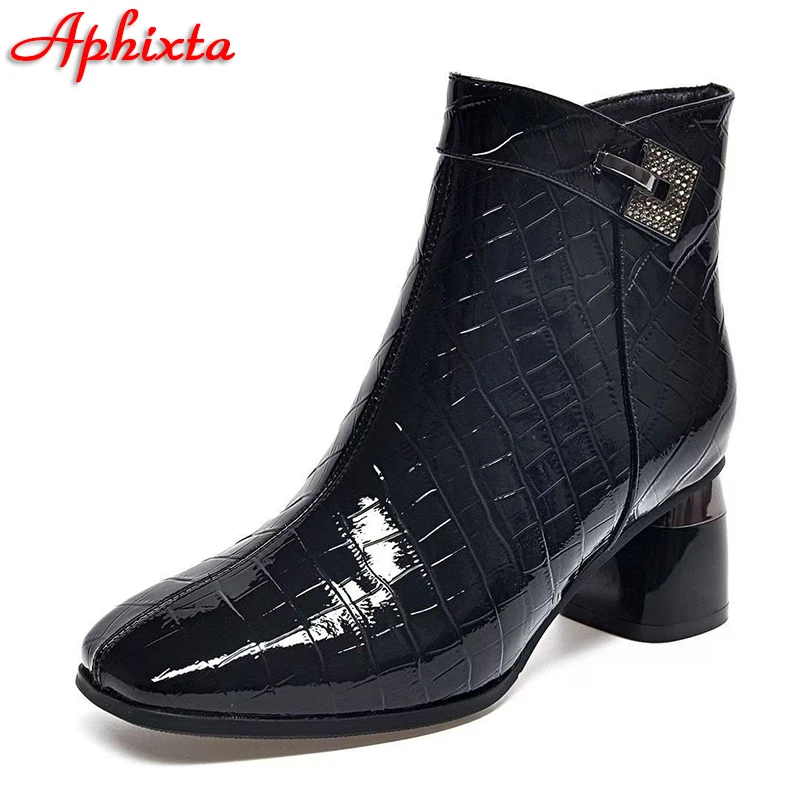 Aphixta 6cm Square Heels Ankle Boots High Quality Square Toe Woman Shoes Crystals Buckle Side Zipper Modern Boot Snake Pattern