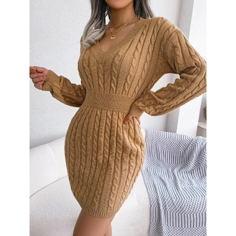 

Sexy V Neck Twist Knot Long Sleeve Knitted Sweater Dress Autumn Winter Women Tunic Bandage Party Dresses