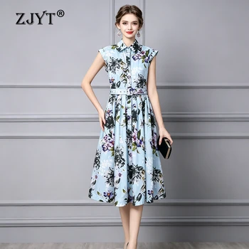ZJYT Runway Fashion Summer 100% Cotton Dress Print Floral Single Breasted Casual Holiday Midi Shirt Dresses Woman Clothes 2026 1