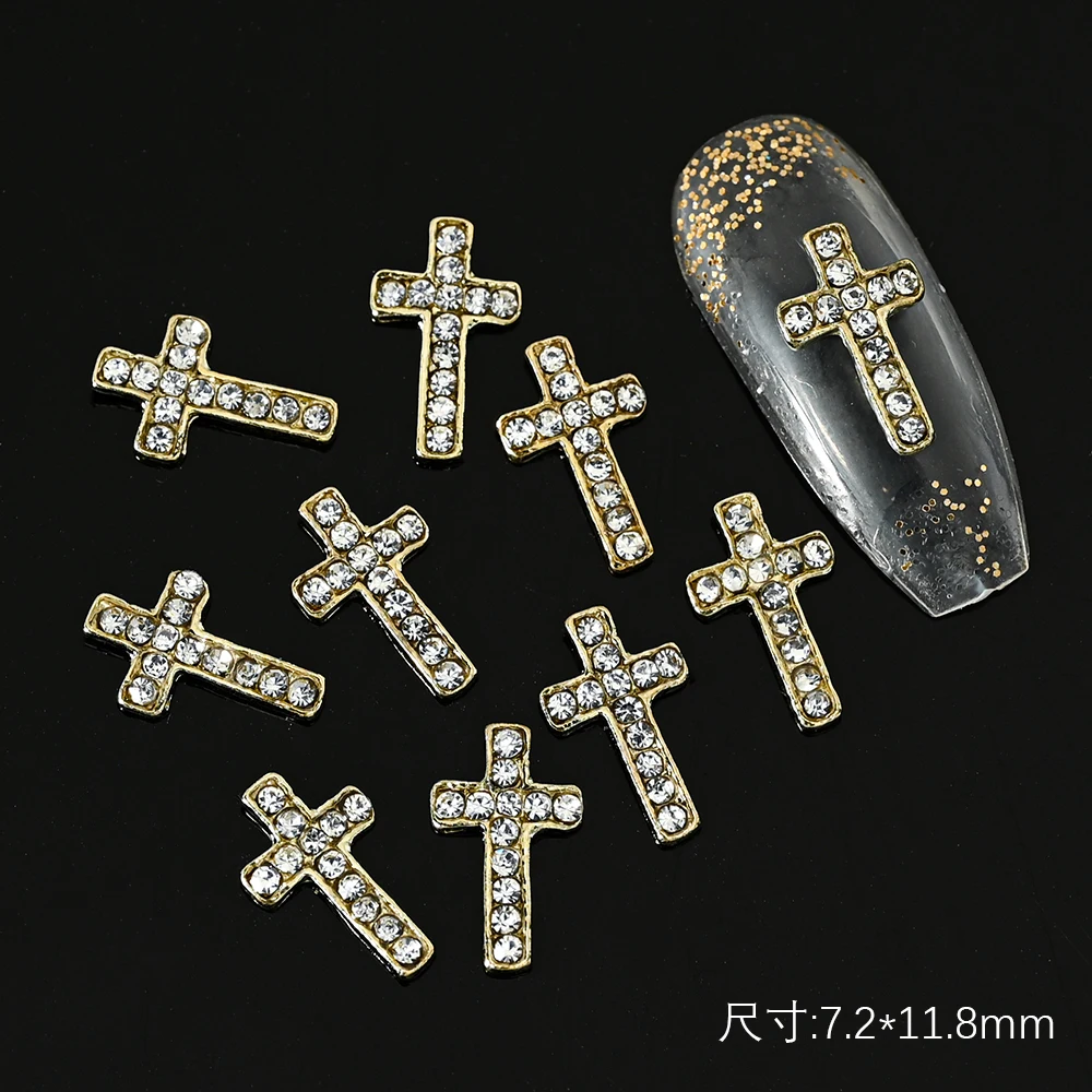 Luxury Metallic Gold 3D Nail Charms with Glitter Diamond Rhinestones - 10 Piece Set