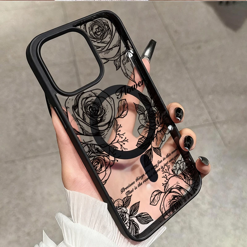 Elegant Black Rose Clear Phone Case with Magsafe Compatibility