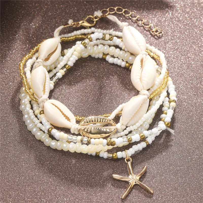 Beads Anklet Starfish Pearl Chain Set For Women Fashion Accessories