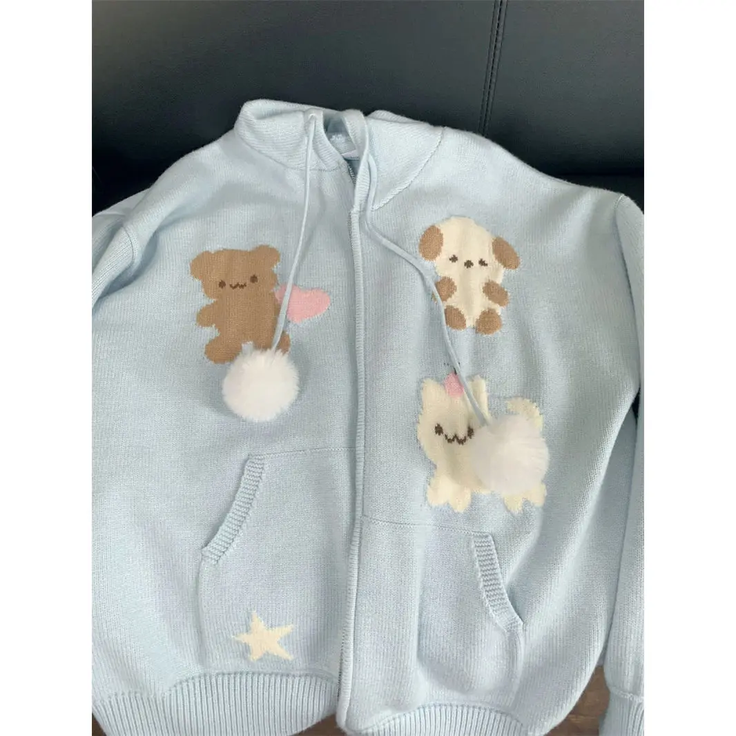 Anime Jacquard Hooded Sweater Versatile Knitted Sweater Kawaii Cardigan Women Korean Fashion Long Sleeve Tops Y2k Clothes 2
