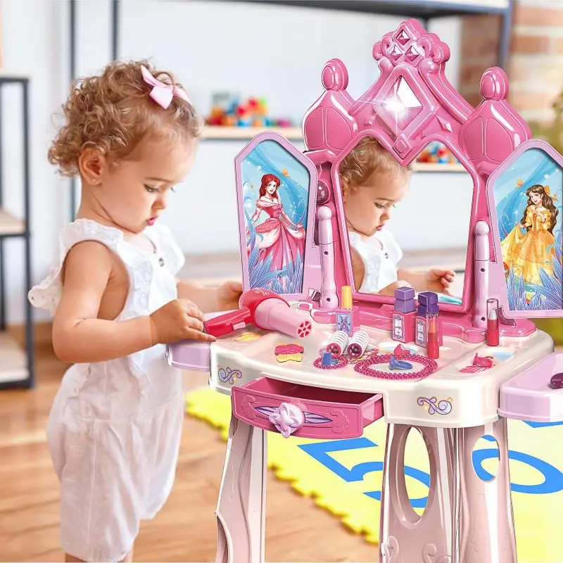 Girls Makeup Table Set with Stool,Open Doors by Gestures,Kids Vanity Set with Lights and Music,Christmas for Toddlers 3 4 5 6-12